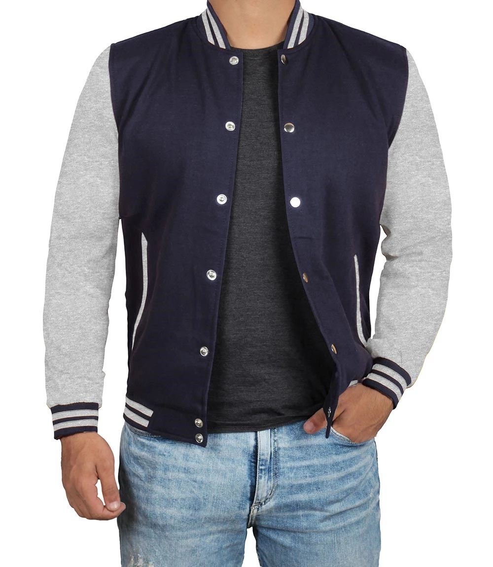 Navy Blue Gray Embroidered and Printed College Coat, Varsity, Bomber Jacket PL27