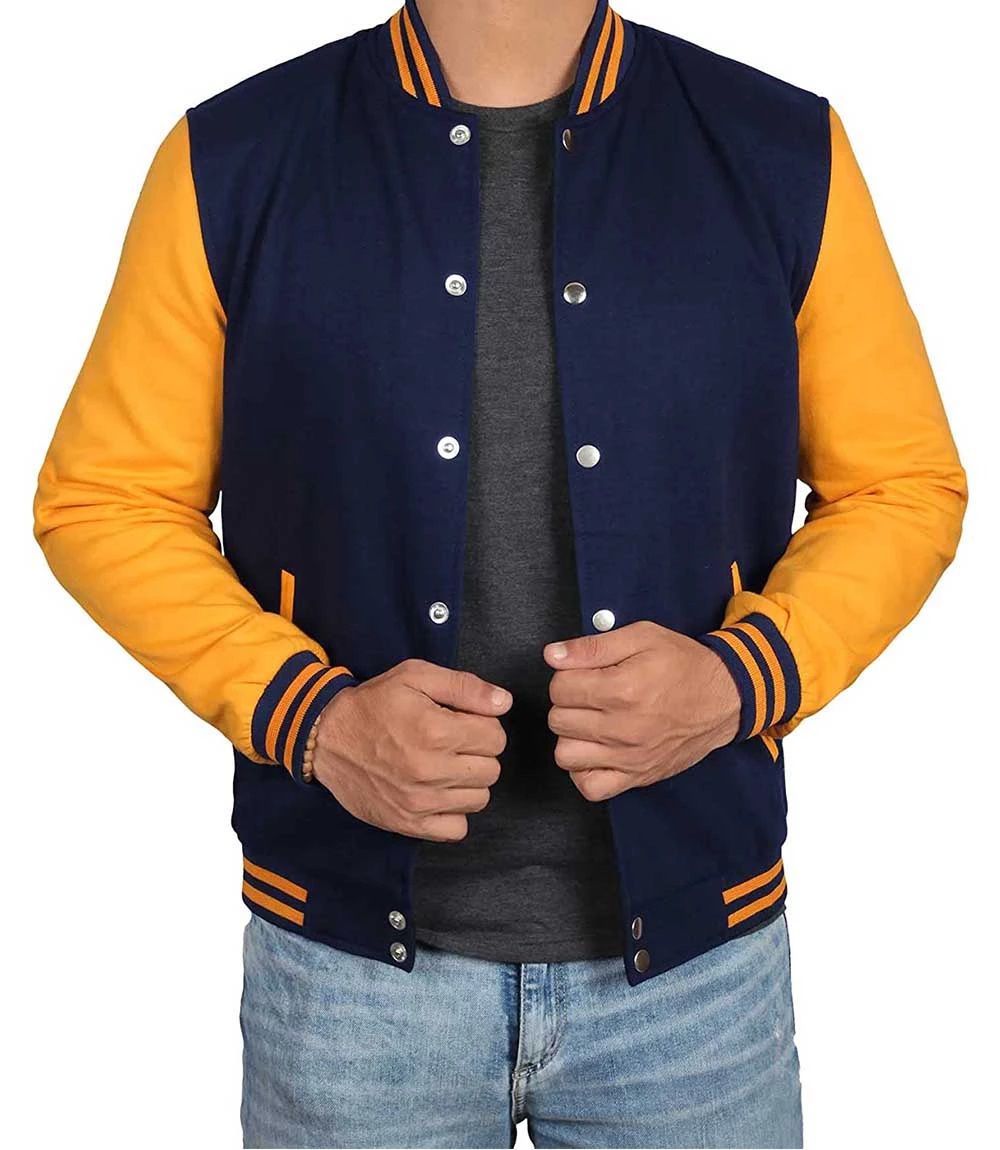 Yellow Navy Blue Embroidered and Printed College Coat, Varsity, Bomber Jacket PL29