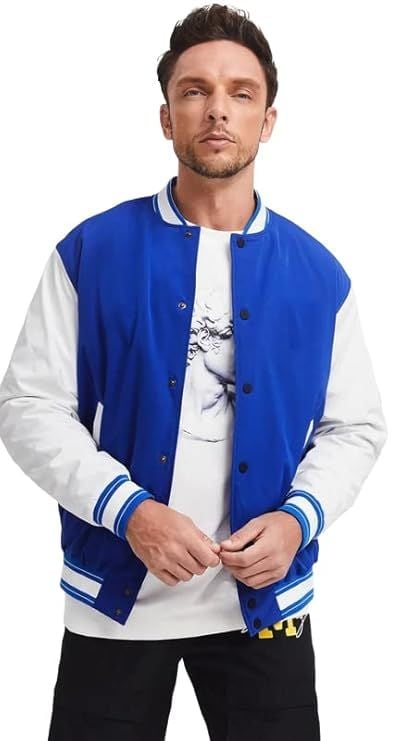 Saks Blue and White Embroidered and Printed College Coat, Varsity, Bomber Jacket PL32