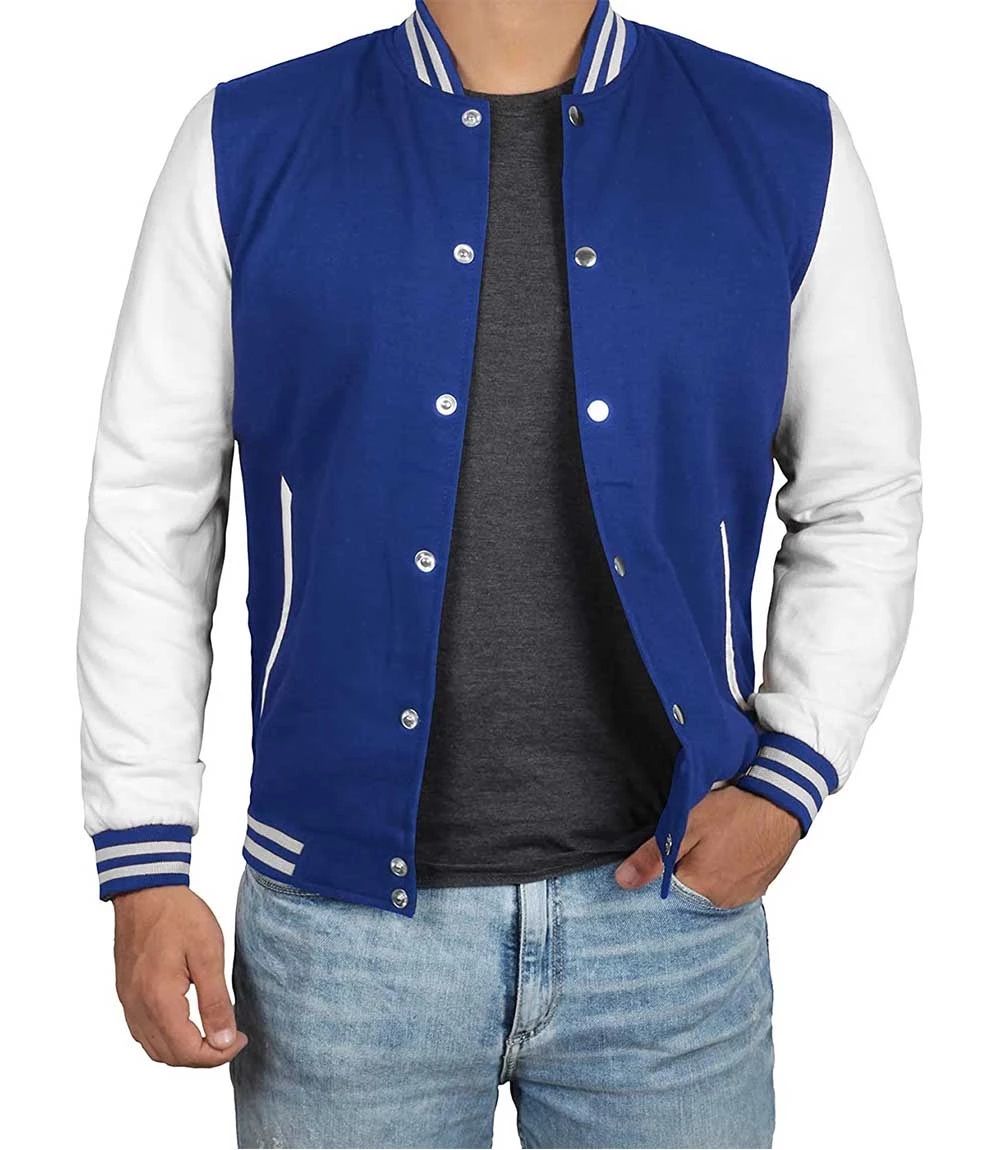 Blue & White Embroidered & Printed College Coat, Varsity, Bomber Jacket PL30