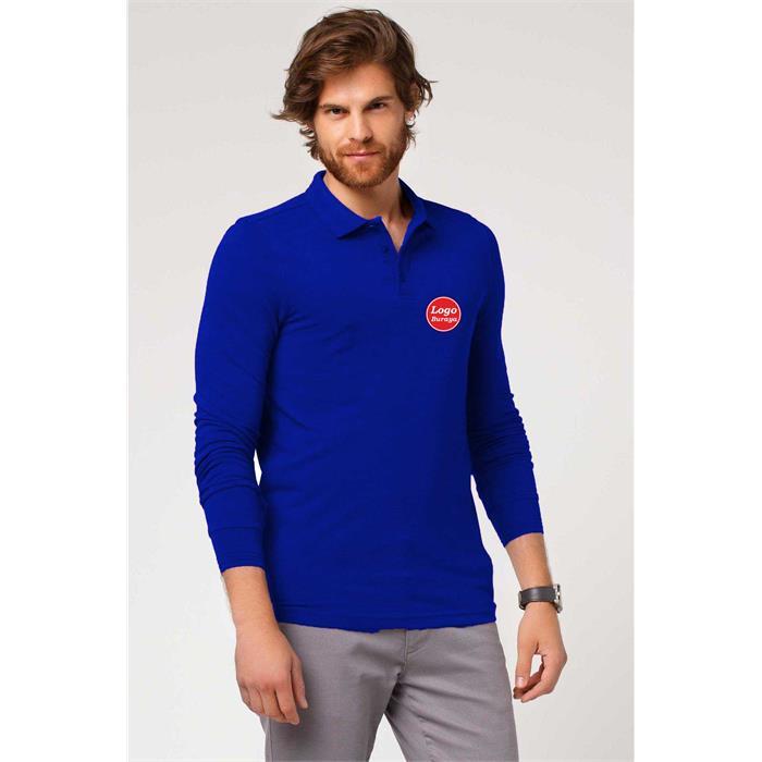 Long Sleeve Polo Collar Thsirt Sax Blue