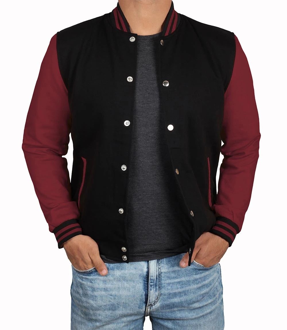 Black Burgundy Embroidered and Printed College Coat, Varsity, Bomber Jacket PL33