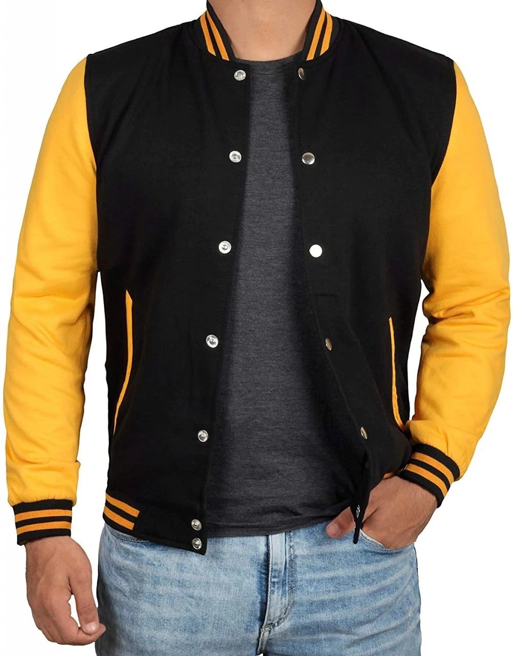Black Yellow Embroidered and Printed College Coat, Varsity, Bomber Jacket PL31