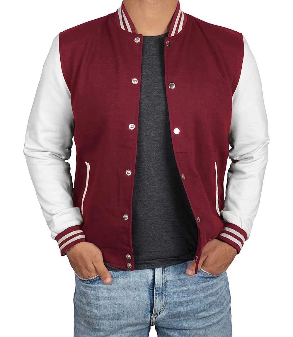 Burgundy White Embroidered and Printed College Coat, Varsity, Bomber Jacket PL26